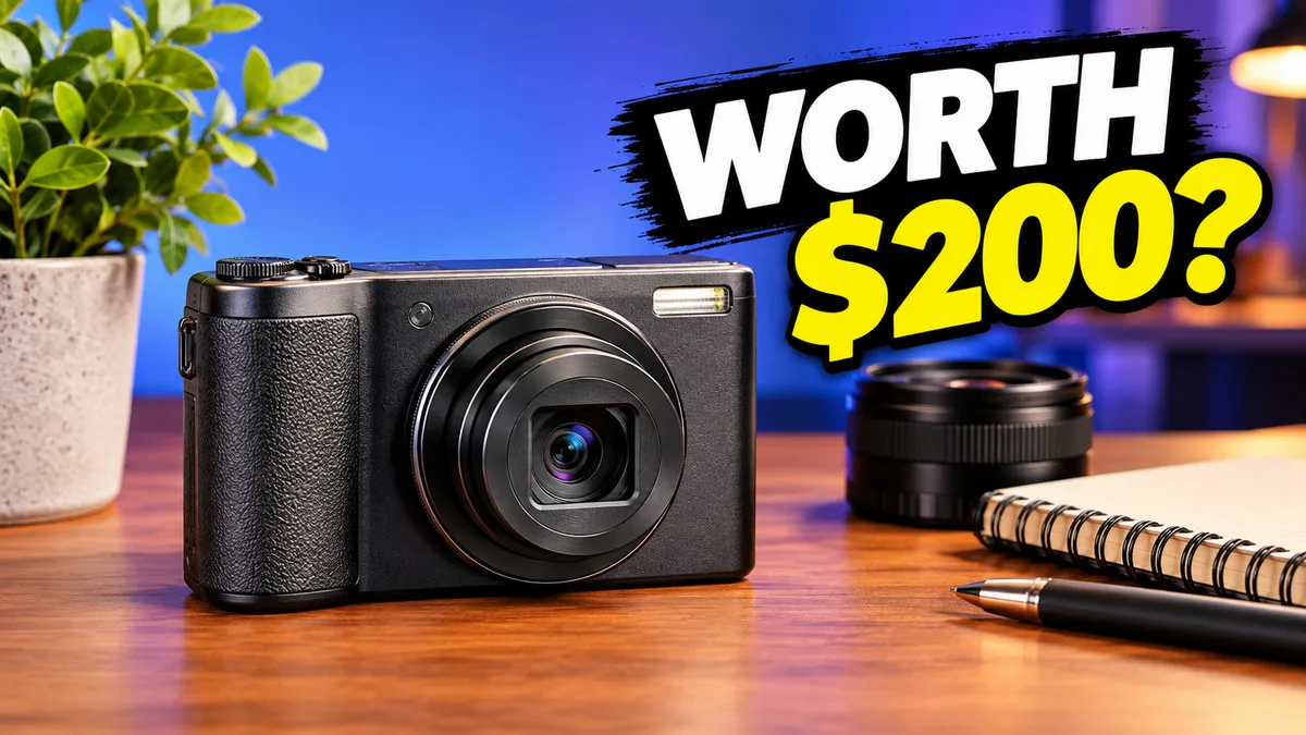 Actual first Thumbrix result: a compact camera, large Worth $200 headline, blue-purple background, plant, loose lens and notebook