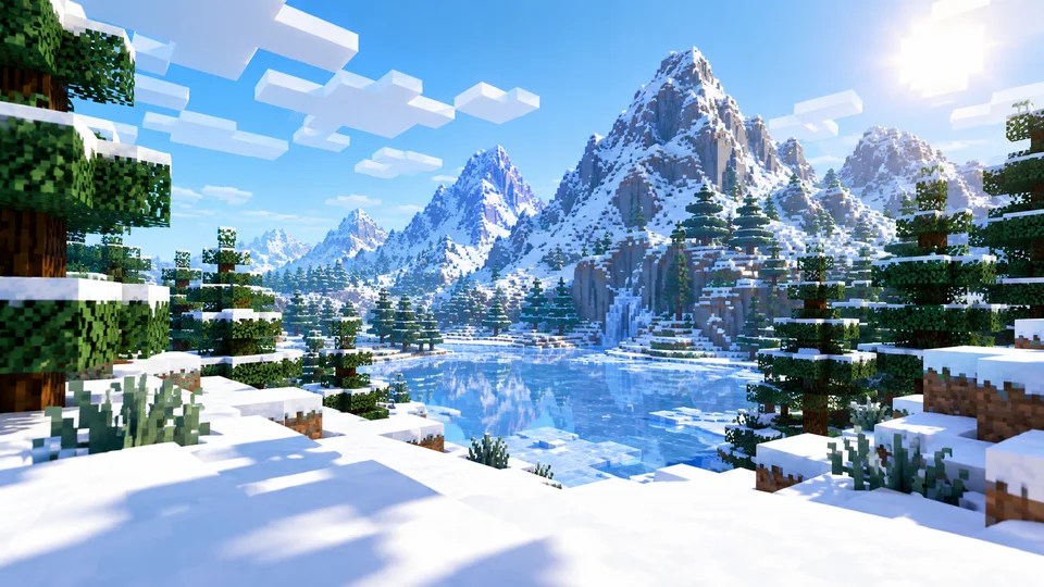 Minecraft thumbnail background: snowy mountains