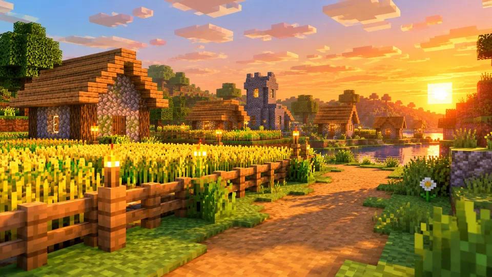 Minecraft thumbnail background: sunset village