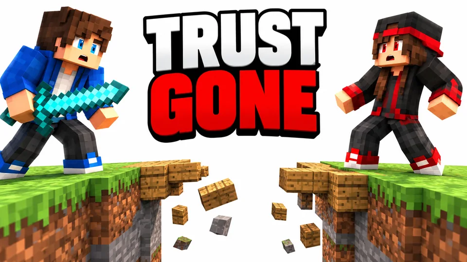 Two Minecraft skin characters facing off across a broken bridge