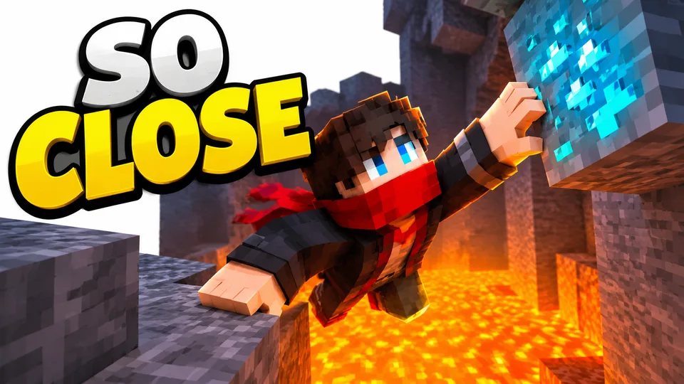 Red-scarf Minecraft skin reaching for diamonds above lava