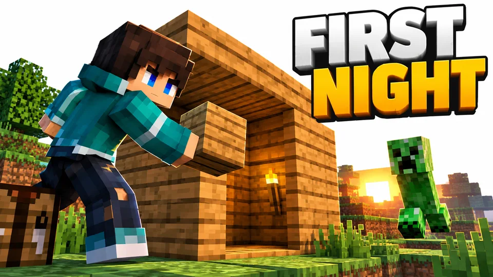 Teal-jacket Minecraft skin building a shelter before nightfall