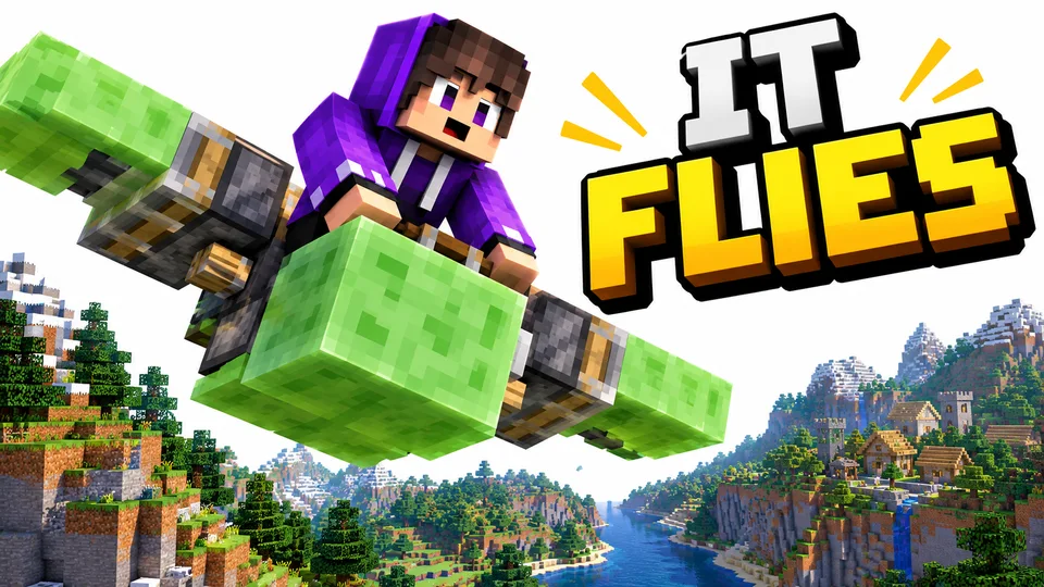 Purple-hoodie Minecraft skin riding a flying machine