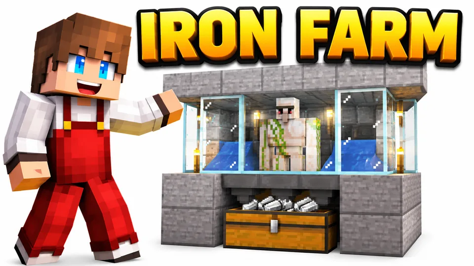 Red-overall Minecraft skin presenting an iron farm