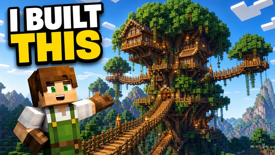 Green-apron Minecraft skin presenting a giant treehouse