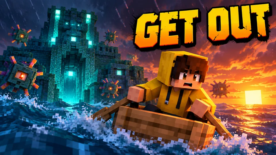 Yellow-hoodie Minecraft skin escaping an ocean monument by boat
