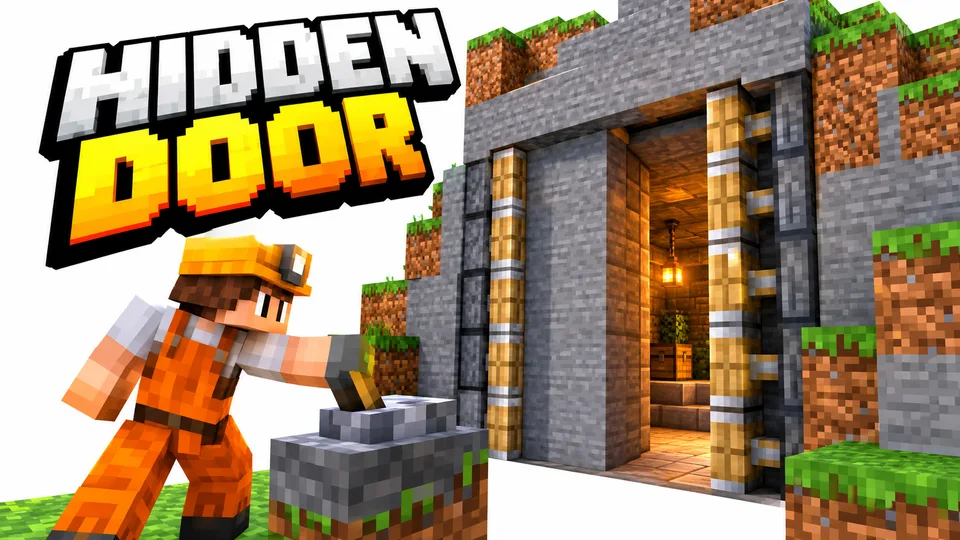 Orange-overall Minecraft skin activating a hidden piston door