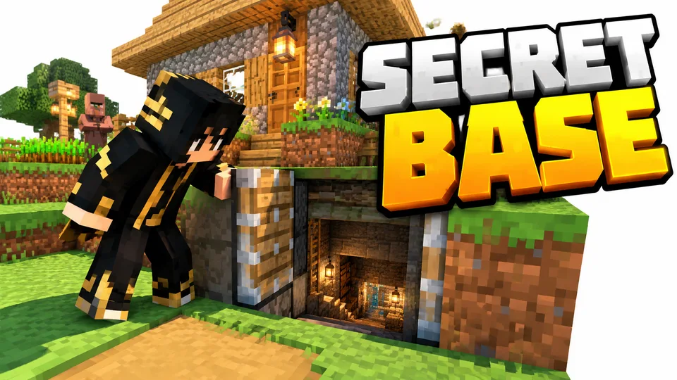 Black-and-gold Minecraft skin opening a hidden village entrance