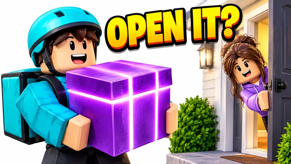AI-generated Roblox video thumbnail: the mystery parcel