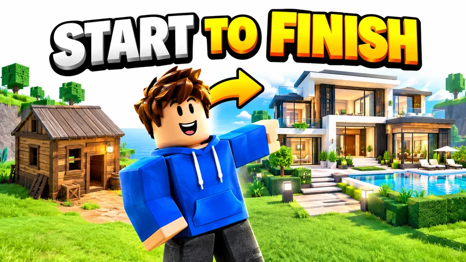 AI-generated Roblox video thumbnail: from shack to mansion