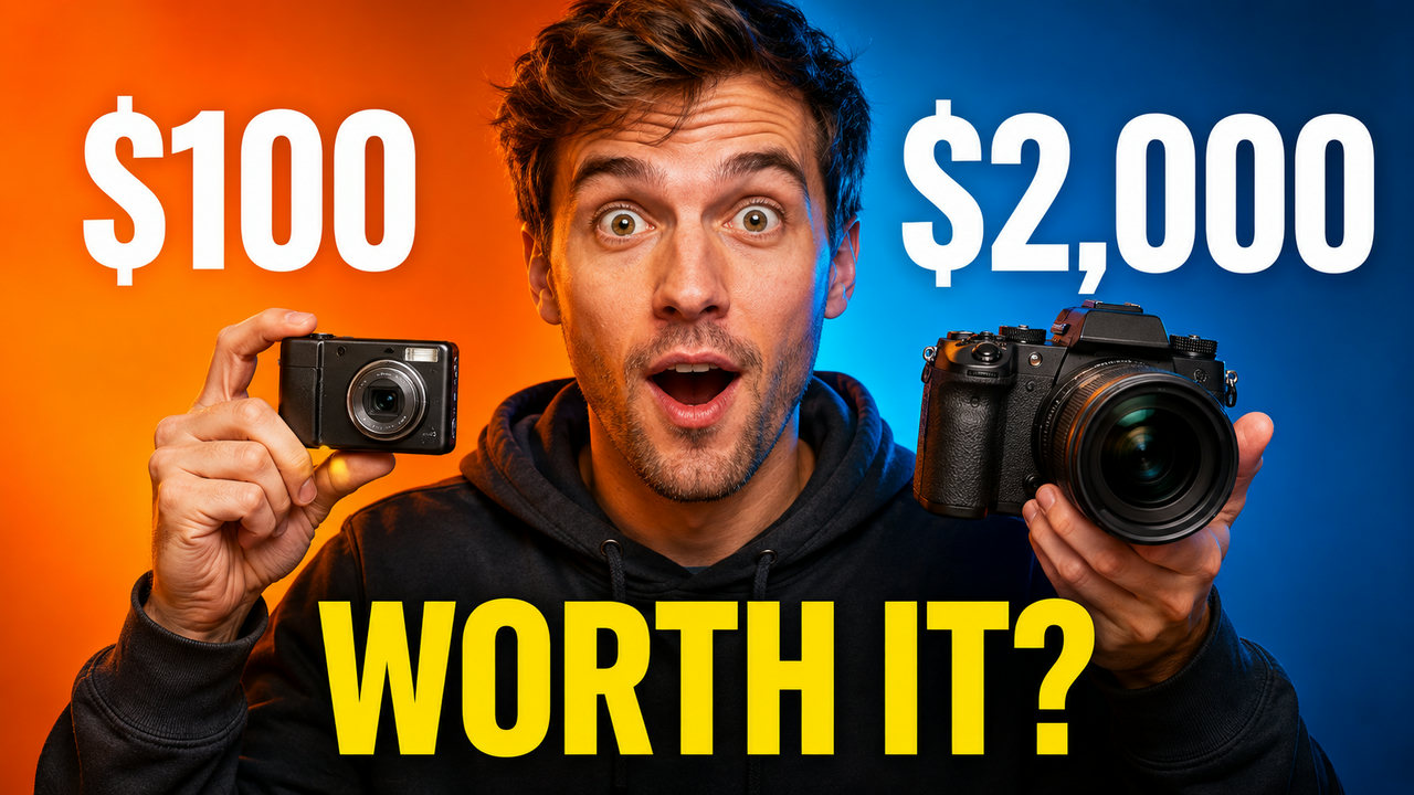 AI thumbnail example comparing a compact camera and a professional camera