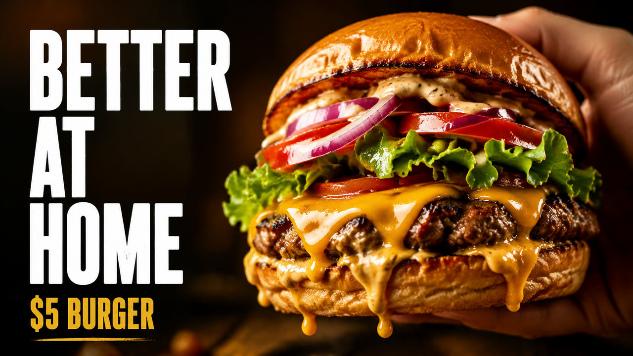 AI thumbnail example of a homemade burger with bold title text